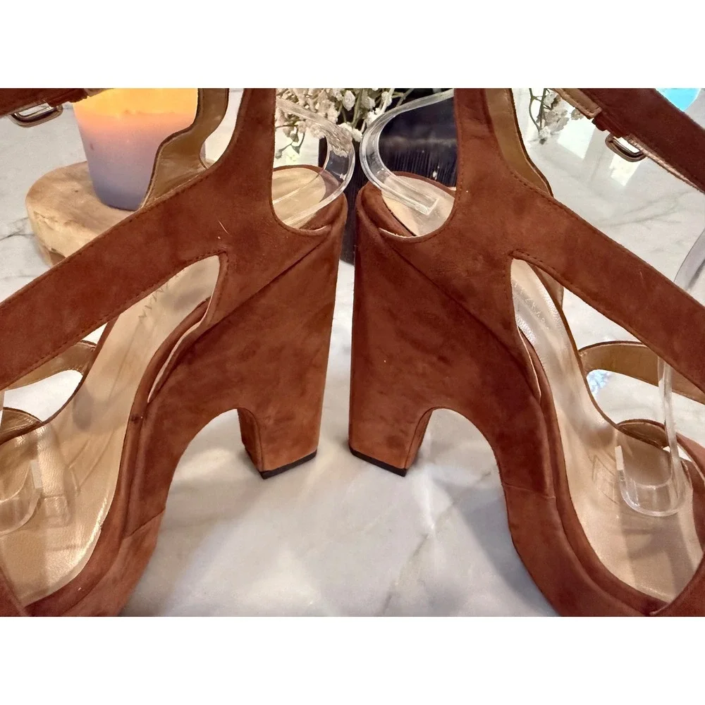 Stuart Weitzman Brown Suede Saucy Platform Wedge Sandals Ankle Strap Heels 9.5 M